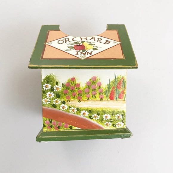 VINTAGE Cozy Cottagecore Tissue Box Hand Painted Orchard Path Field Of Flowers - Picture 7 of 11